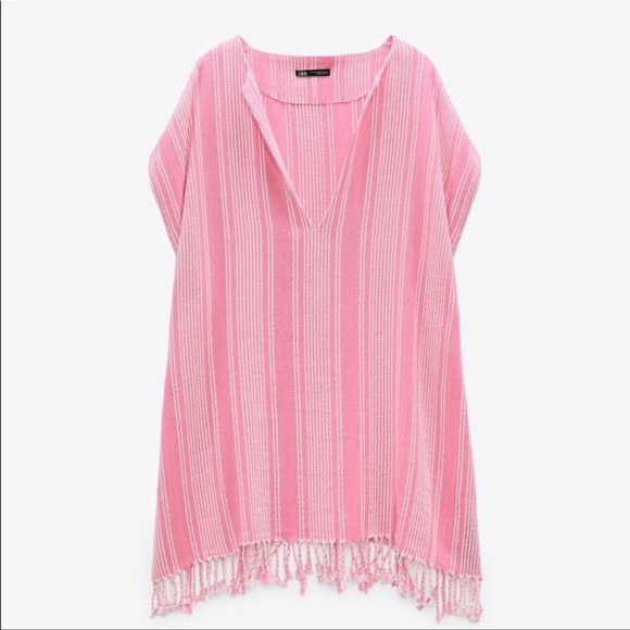 Zara Kaftan coverup fringe short cotton dress small medium - Picture 2 of 7
